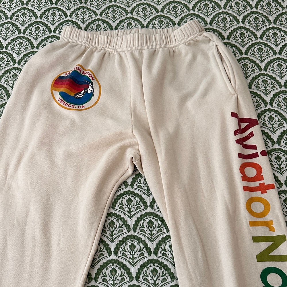Aviator Nation Cream Joggers with Rainbow Logo